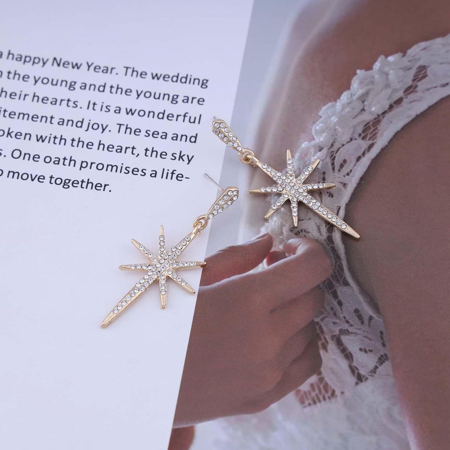 Vintage Crystal Northstar Dangle Earrings Rhinestone Northstar Studs Earrings Gold Cz Star Drop Earrings Sparkly Cz Starburst Earrings Jewelry for Women