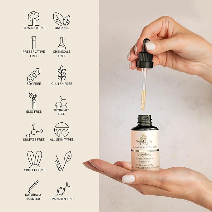 Gaia Body Care 5% Bakuchiol Oil Organic - Anti Aging, Anti Wrinkle, Reduces Fine Lines, Smooths Skin, Hydrates - Botanical Vegan - Natural Retinol Alternative Facial Oil (1oz, Unscented)