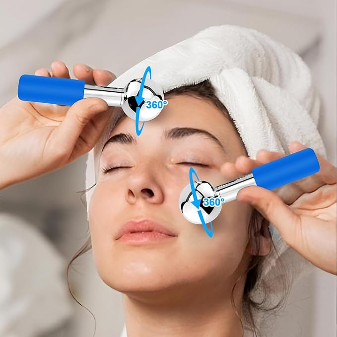 CGBE 360 Rotating Ice Globes for Face, Food-Grade Stainless Steel Facial Globes for Cryo Therapy, Smaller Ice Globes for Facials Reduce Wrinkles & Swelling - Blue