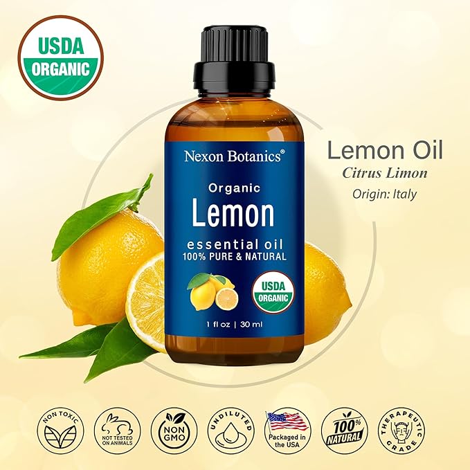 Organic Lemon Essential Oil 30 ml - Pure, Natural Citrus Oil for Diffusers, Aromatherapy, Skin & Hair Care - Aceite de Limón - Nexon Botanics