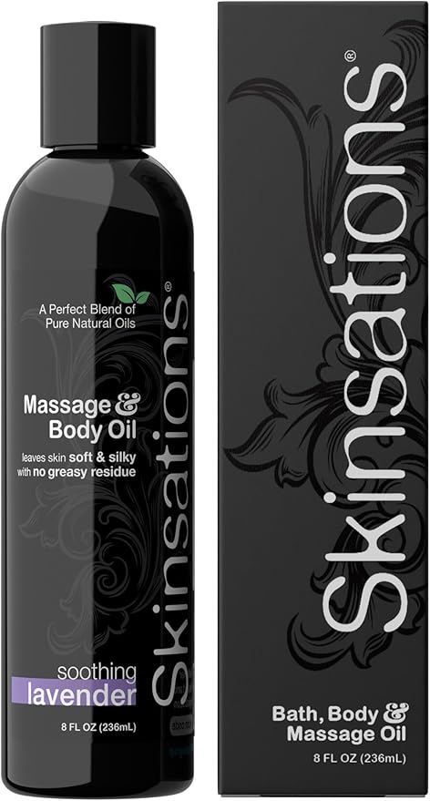 Skinsations - Lavender Massage Oil for Massage Therapy - 8oz | Non-Greasy, Blend of Fractionated Coconut, Sweet Almond, Grape Seed and Jojoba Oils | Scented Body Oil, Sore Muscles, Aromatherapy