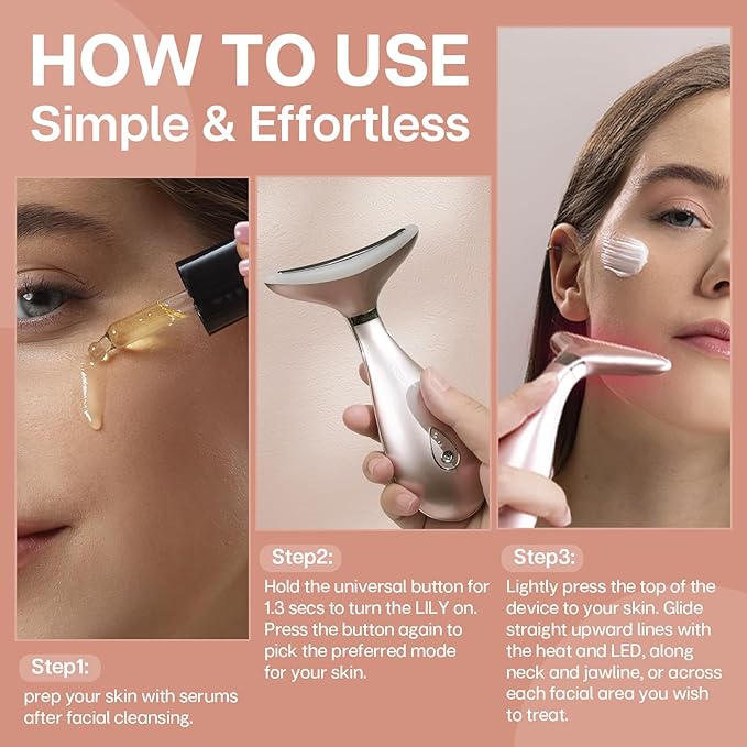 Lily Neck Face Massager, Skin Rejuvenation Beauty Massager, 3-in-1 at-Home Facial Spa Tool, Lifting, Toning and Tightening for a Radiant Appearance (Rose Gold)