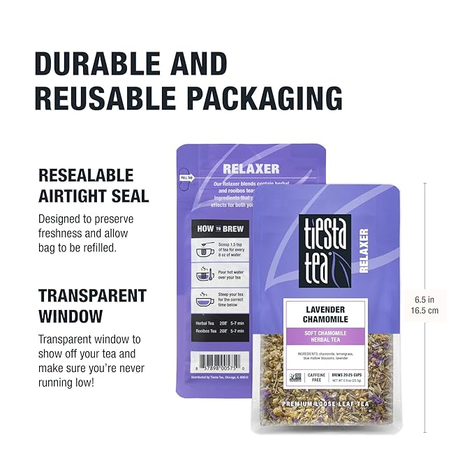 Tiesta Tea - Lavender Chamomile | Loose Leaf | Soft Chamomile Herbal Tea | Premium Non-Caffeinated Blend | Make Hot or Iced & Brews Up to 25 Cups | 5.4 Ounce Resealable Pouch, Pack of 6