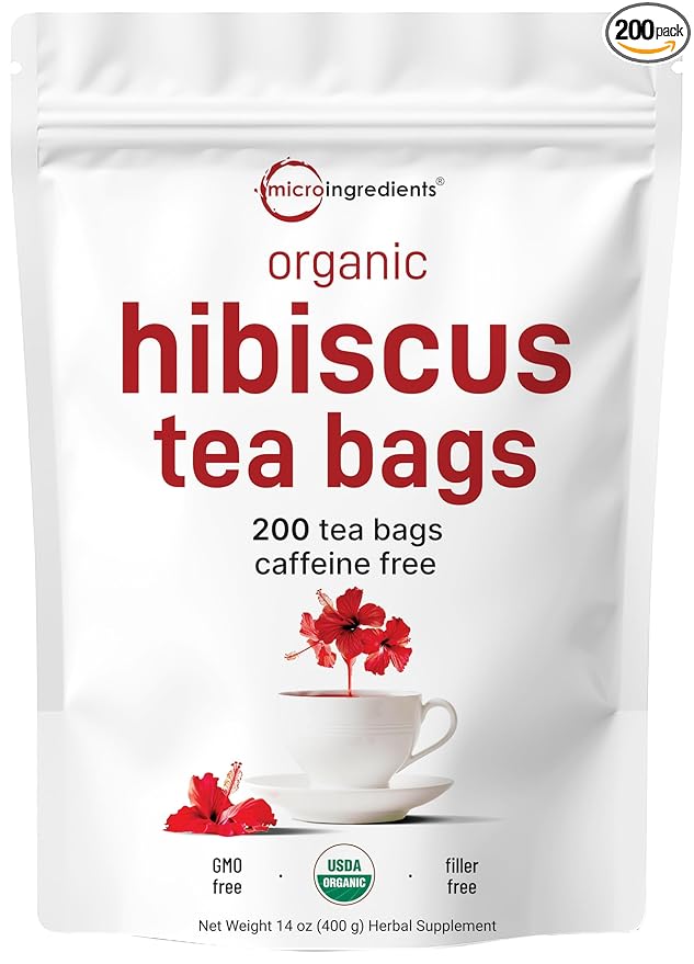 Organic Hibiscus Tea Bags, 200 Count | Premium Source from Hibiscus Flowers | Caffeine Free Herbal Tea | Eco-Friendly Hemp Paper Tea Bags | Non-GMO, No Sugar