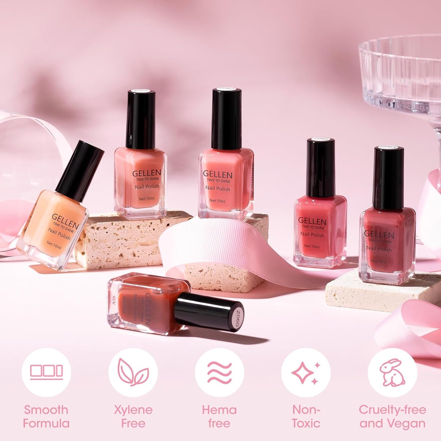 GELLEN Clear Pink Nail Polish, Sheer Pink Jelly Natural Regular Nail Polish Quick Dry Summer 6 Light Colors Set for Acrylic Natural Nails Home Salon, Chip Resistant, Non UV Gel, Hema Free, Non Toxic