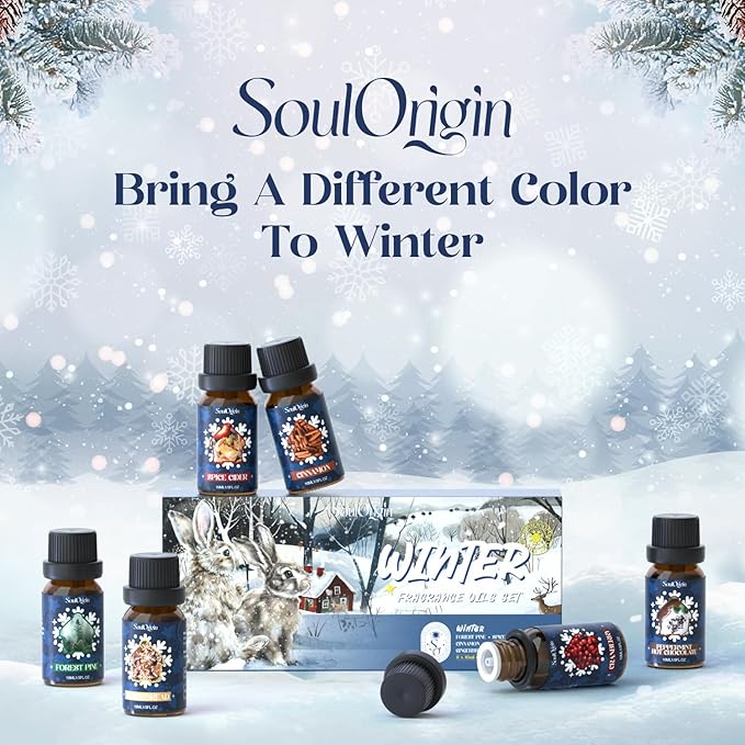 Winter Essential Oils Set, Fragrance Oil Gift Set for Oil Diffusers, Scented Oils for Soap 6x10ml - Forest Pine, Spiced Apple Cider, Cinnamon, Mint Hot Chocolate, Gingerbread, and Cranberry