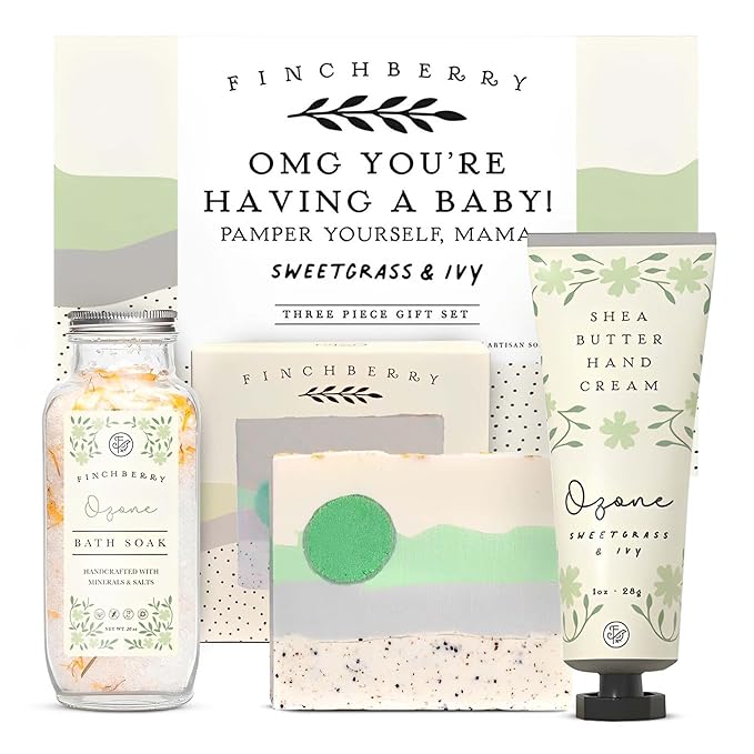 FinchBerry 3-Piece Gift Set - OMG You're Having a Baby! - Baby Shower Gift, New Mom Care Package for Sister, Wife, Friends & Family - With Handmade Soap (4.5 oz), Bath Soak (20 oz) & Hand Cream (1 oz)