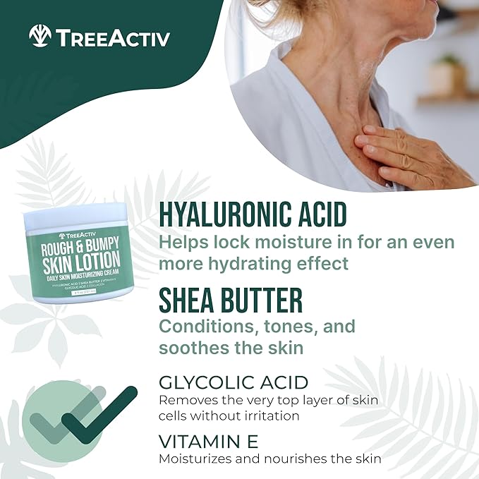 TreeActiv Rough and Bumpy Skin Lotion, 8 fl oz, With Hyaluronic Acid, Shea Butter and Vitamin E, Nourishing Lotion for Rough and Bumpy Skin, Moisturizing Strawberry Legs Treatment, For All Skin Types