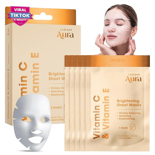 Face Sheet Mask with Vitamin C & E - Dermatologist Tested Korean Beauty Mask for Brightening & Deep Hydration - Premium Facial Treatment for Glowing & Rejuvenated Skin - 5 Pack