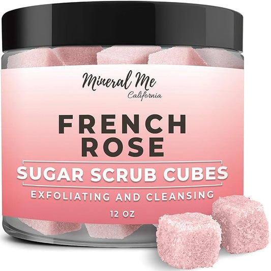 Body Scrub Exfoliator - 12oz FRENCH ROSE Sugar scrub cubes w/Mango Butter & Shea butter- Ultra Hydrating & Moisturizing - Natural & Organic for all body exfoliation- For hands, arms, legs & foot