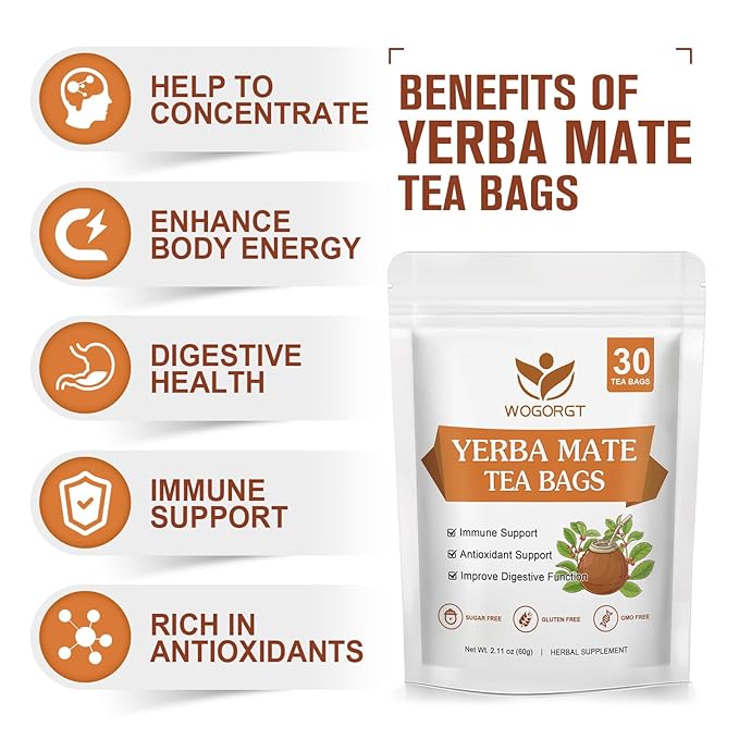 Yerba Mate Tea - Unsmoked Yerba Mate Herbal Tea Bags for Antioxidant, Detox, Digestion and Immune Support, Boost Energy - 30 Tea Bags