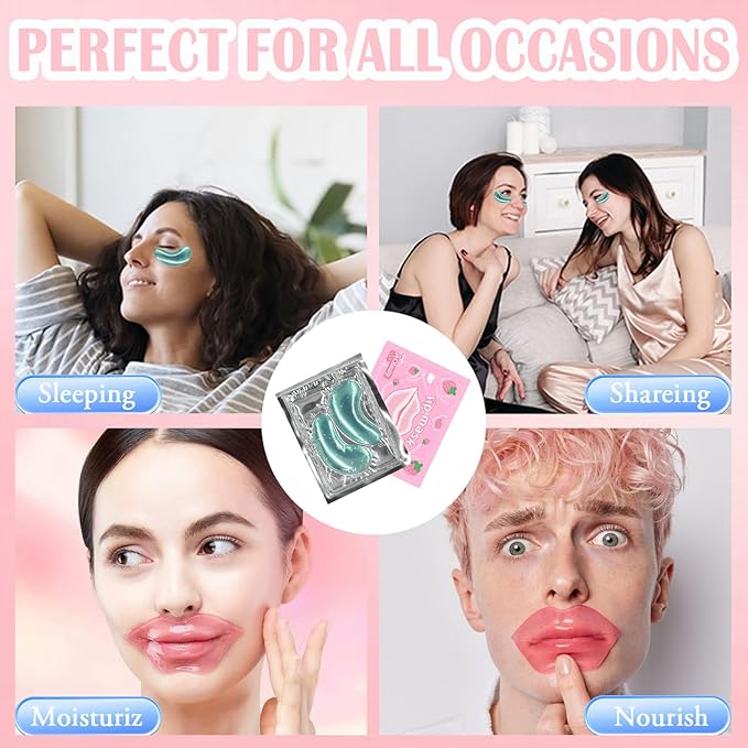 Sulily 30 Pairs Strawberry Lip Masks&Gold Dust Light Green Eye Masks,Crystal Collagen Eye Patches for Puffy Eyes,Moisturizing Cooling Skin Care Lip Eye Patches for Puffiness and Dark Circles