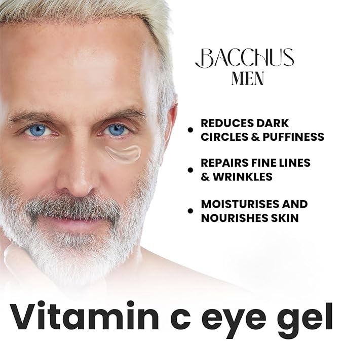 Bacchus Men Vitamin C Eye Gel, Reduce Dark Circles, Spots and Eye Puffiness - Anti Aging Treatment Nourishes, Revitalizes, Soothes, and Refreshes the Look of Your Eye Area | Made in USA | 0.5 oz