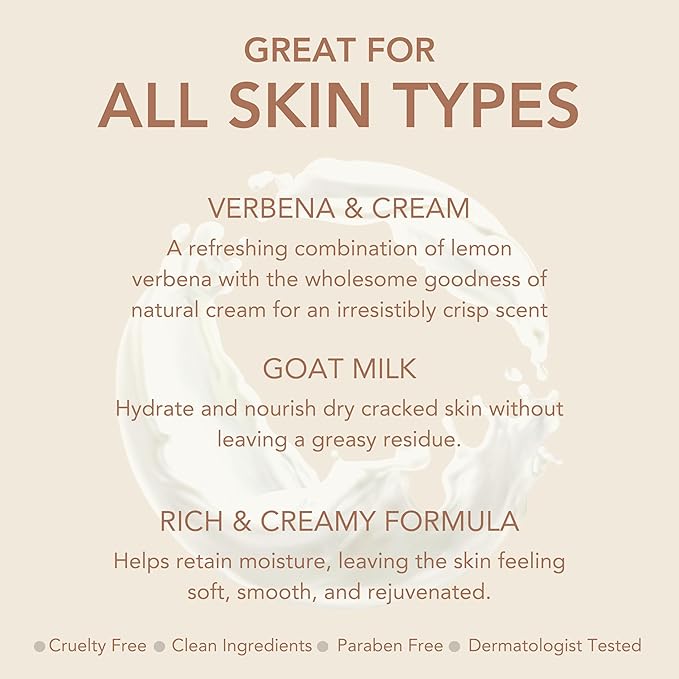 Dionis Goat Milk Skincare Verbena & Cream 8.5oz Hydrating Body Lotion and 3.3oz Hand & Body Moisturizing Travel Size Cream Bundle, Natural Ingredients, Made in the USA, Cruelty Free, Paraben Free