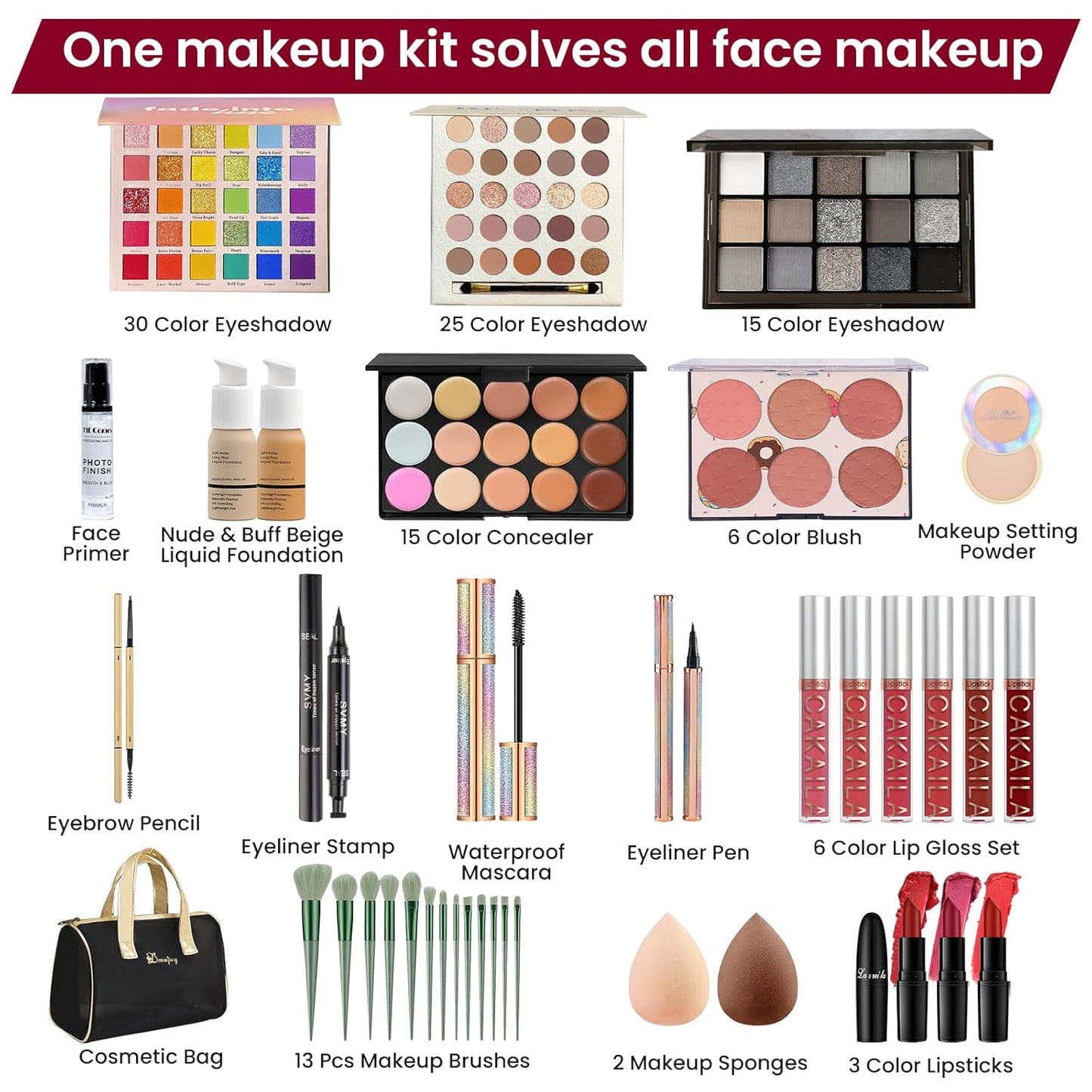 Makeup Kit for Women, Travel Makeup Kit, Makeup Full Kit for Beginners Teens Girls, Makeup Bundle Include 3 Matte & Shimmer Eyeshadow Palettes, Blush Palette, Lip Gloss Set, Concealer