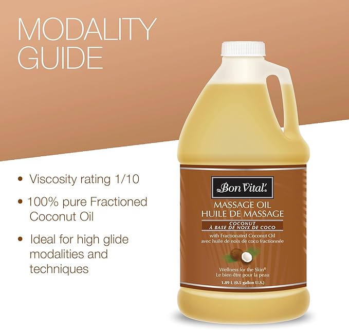 Bon Vital' Coconut Massage Oil with 100% Pure Fractionated Coconut Oil to Repair Dry Skin, Used by Massage Therapists and At-Home Use for Therapeutic Massages and Relaxation, 1 Gal, Label may Vary