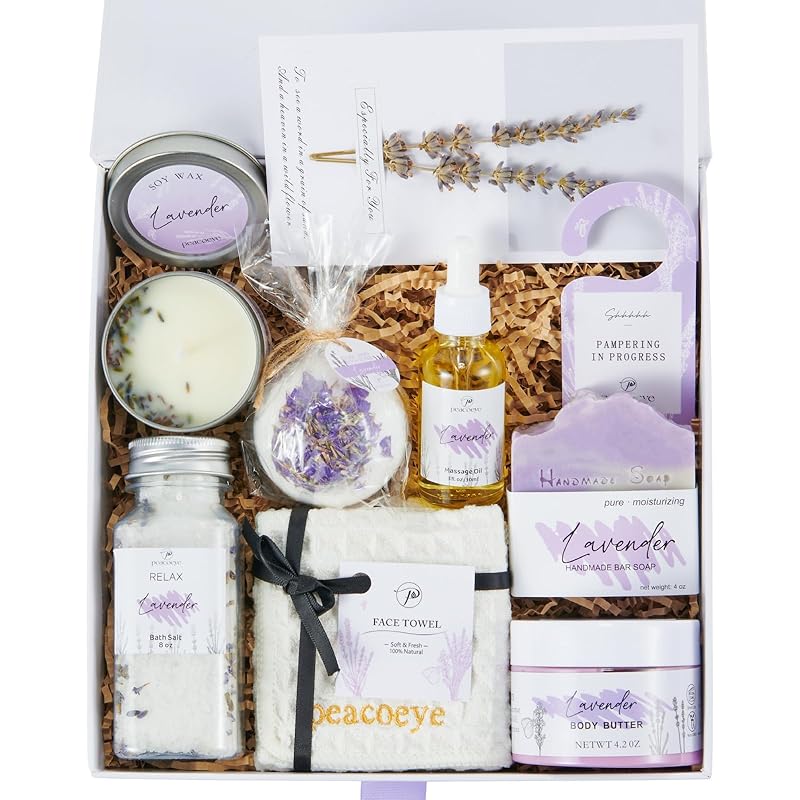 Gifts for Women Spa Gifts Lavender Bath Gift Baskets Relaxing Self Care Gift for Mom Her Sister Wife Auntie Home Bath Kit Care Package Birthday Friendship Gift Ideas