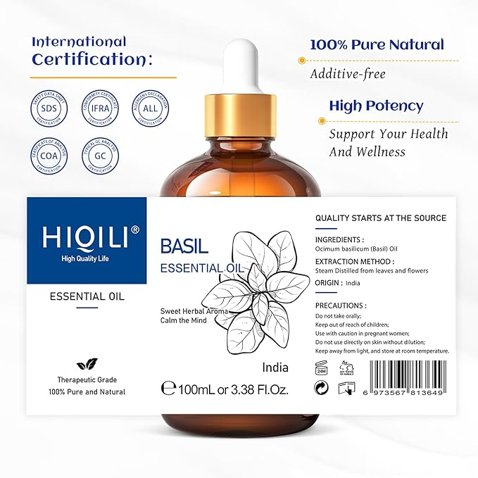 HIQILI Basil Essential Oil, 100% Pure & Natural, Diffuser in Bedroom, Yoga, Mediation for Calming Relaxation Mood, Hair Growth, Body Massage, DIY Sweet Herbal Scented Soap Gifts- 100ML