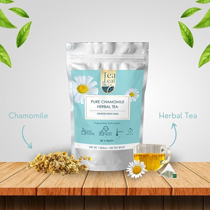 Tealeaf & Co. Pure Chamomile Herbal Tea - Organic Chamomile Tea Bags Blended with Fresh Herbs - Contains Low Caffeine - Gluten Free - 100 Teabags (7.055oz/200gm)