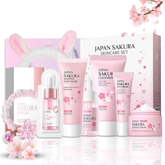 Skincare Set JAPAN SAKURA Facial Kit for Women & Teenage Girls - Japanese Skin Care Products, Beauty Gift Skincare Kits, Skin Care Set with Complete Skincare Routine - Face Care Set for Women