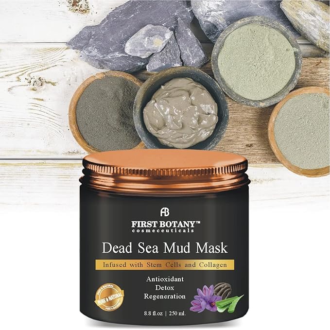 First Botany, 100% Natural Mineral-Infused Dead Sea Mud Mask 8.8oz Stem Cells Facial Treatment Skin Cleanser Pore Reducer Anti Aging Acne Treatment Blackhead Remover Cellulite & Natural Moisturizer