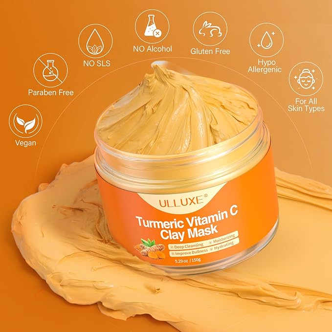 Turmeric Vitamin C Clay Mask for Dark Spots, Dull Skin, Blackheads, Skincare Facial Mask for Cleansing Pores, Moisturizing and Improve Uneven Skin Tone, Face Skincare Gift, 5.29 oz