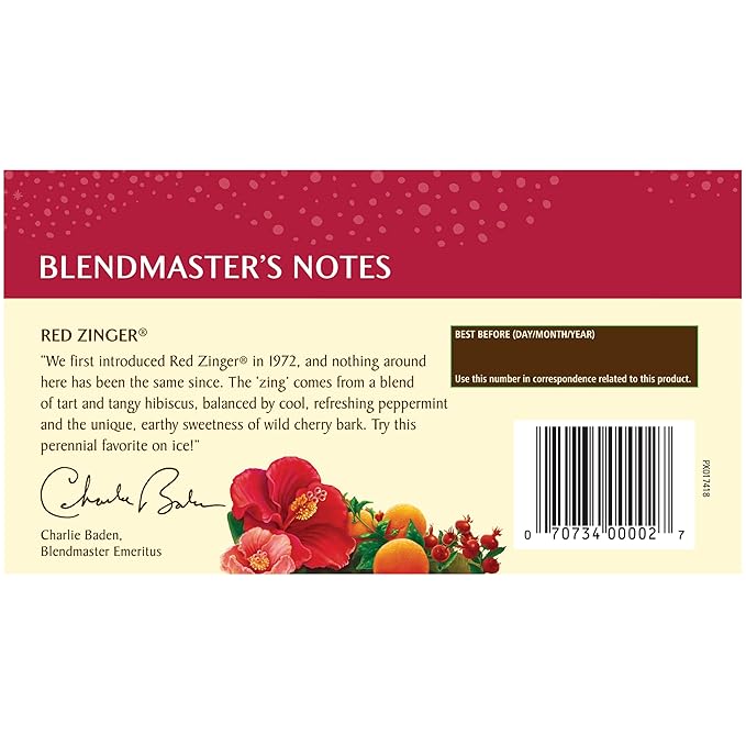 Celestial Seasonings Hibiscus Tea, Red Zinger Herbal Tea, Caffeine Free, 20 Tea Bags