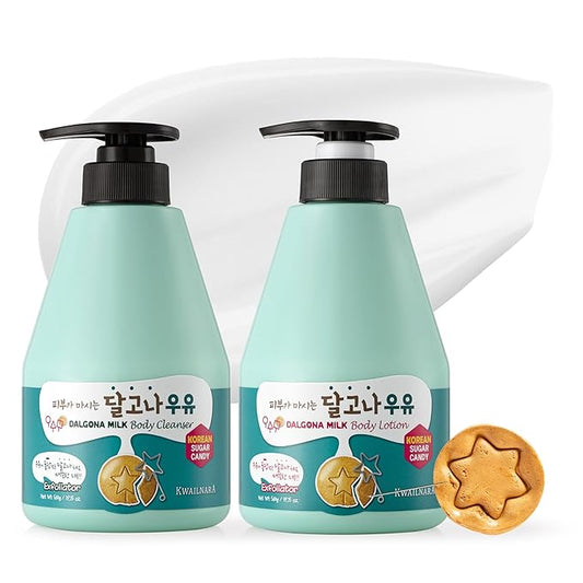 WELCOS Kwailnara Dalgona Milk Body Lotion & Body Wash Set – Energizing & Moisturizing Korean Skincare Set with Dalgona Extract, 560g / 19.75oz Each