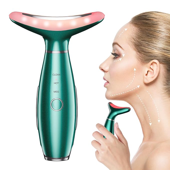 Neck Face Massager, Skin Care Face Massage Tool, 3-in-1 Facial Massager, Face Sculpting Tool with Thermals, Vibration (Green)