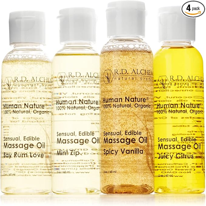 RD Alchemy - 100% Natural & Organic Edible Massage Oil Sample Pack. Contains All 4 Flavors - Bay Rum Love, Juicy Citrus, Spicy Vanilla, Mint Zip for Soothing Massage, Bath, Date Night and More!