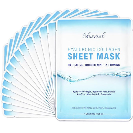 Ebanel 15 Pack Collagen Peptide Hydrating Face Masks, Instant Brightening Firming Anti Aging Face Sheet Masks, Moisturizing Spa Facial Mask Skincare with Hyaluronic Acid, Vitamin C, Chamomile, Aloe
