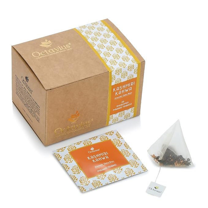 Octavius Enveloped Kashmiri Kahwa Green Teabags | Aromatic Detoxing & Immunity Boosting - 20 Easy to Use Pyramid Tea Bags | Mothers Day Tea Gift Box