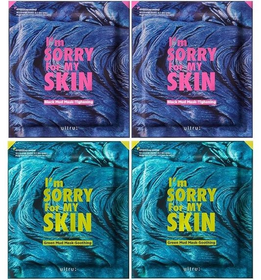 I'M SORRY FOR MY SKIN Bentonite Clay Mud Sheet Masks Set, Korean Skin Care, Exfoliating Face Masks with Volcanic Ash, Sebum Control, Pore Minimizer, Tightening, Soothing (Black 2pcs & Green 2pcs)