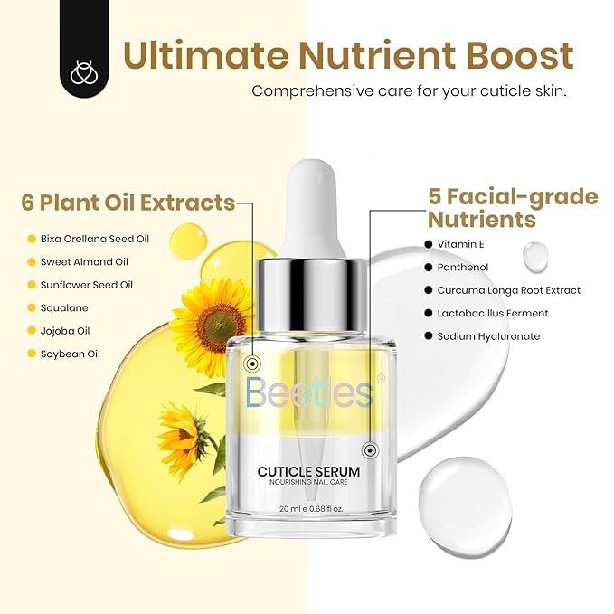 Beetles 20ml Cuticle Oil Nail Oil Care for Nail, Hydrating Oil For Repaired Cuticles, Remedy For Damaged Skin & Thin Nails Vitamin E, Rice Bran & Sweet Almond Oils Softener Nail Repair Gift for Her
