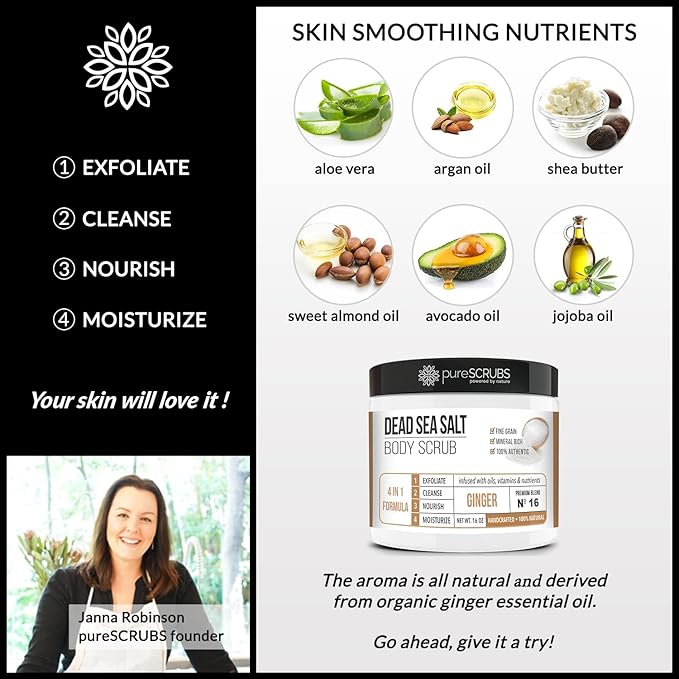 pureSCRUBS Premium Vanilla Body Scrub Set - Large 16oz Dead Sea Salt Body Scrub With Infused Essential Oils & Nutrients, Includes Wooden Spoon, Loofah & Oatmeal Exfoliating Bar Soap