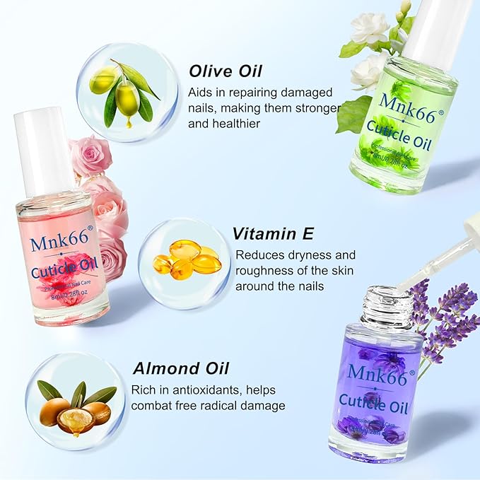 Cuticle Oil Cuticle Remover Set, Moisturizing Repairing Nail Oil, Plant-Based Formula for Damaged Nails Dry Cuticles, Strengthening Hydrating, Rose, Jasmine, Lavender, Nail Care, 4pcs/7ml,YNC-001