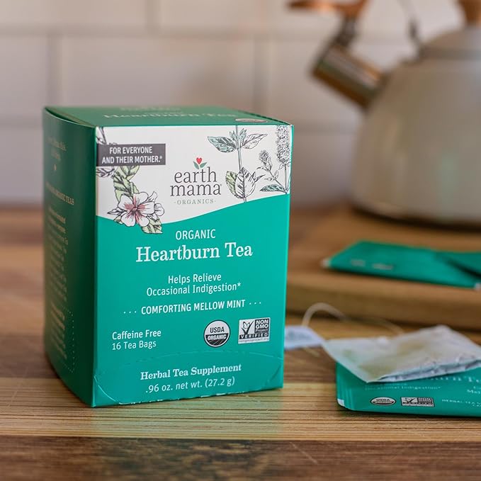 Earth Mama Organic Heartburn Tea | Pregnancy-Safe Soothing Herbal Blend with Marshmallow Root, Lemon Balm & Chamomile, 16 Teabags Per Box