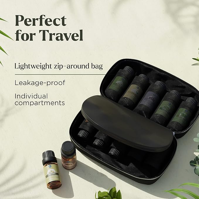 Essential Oils Set - 10pc Aromatherapy Oil in Portable Bag - Diffusers, Humidifiers, Yoga, DIY Cleaning Products, Candle Making, Soaps - Peppermint, Tea Tree, Lavender, Eucalyptus, Lemongrass (10mL)