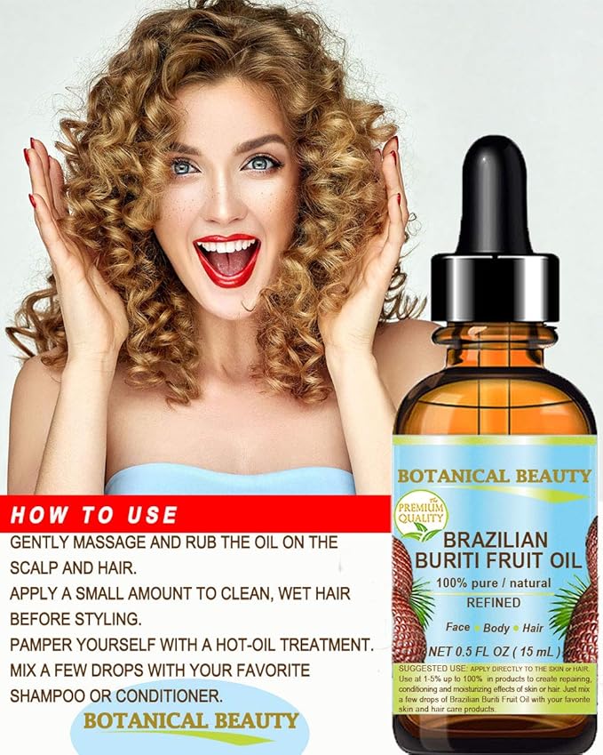 Botanical Beauty Brazilian BURITI FRUIT OIL 100% Pure Natural Refined Cold Pressed Carrier Oil Undiluted 1 fl.oz- 30 ml for Face, Skin, Body, Hair, Nails