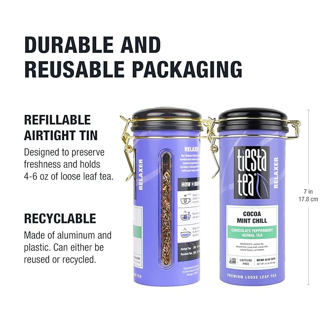 Tiesta Tea - Cocoa Mint Chill | Loose Leaf | Chocolate Peppermint Herbal Blend | Non-Caffeinated Rooibos | Brew Hot or Iced | Refillable Tin | Makes Up to 50 Cups | 3 Ounce