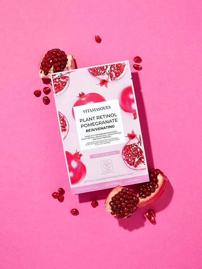 Vitamasques Retinol Pomegranate Face Sheet Mask 7 Pack - Korean Skin Care Facial Mask Rejuvenate & Hydrating Skin Care - Natural & Biodegradable