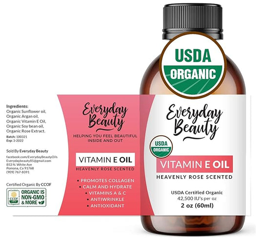 Organic Vitamin E Oil - Heavenly Rose Scented USDA Certified 100% All Natural Plant Based 2oz - Lightweight & Great for Scars After Surgery - For Face, Skin and Nails - Reduce Wrinkles, Anti Aging