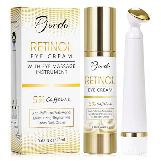 Retinol Eye Cream with Eye Massage Instrument, Infused with 5% Caffeine and Hyaluronic for Dark Circles Treatments, Under Eye Care Anti Aging Reduce Under Eye Bags Fine Lines, Gifts for women