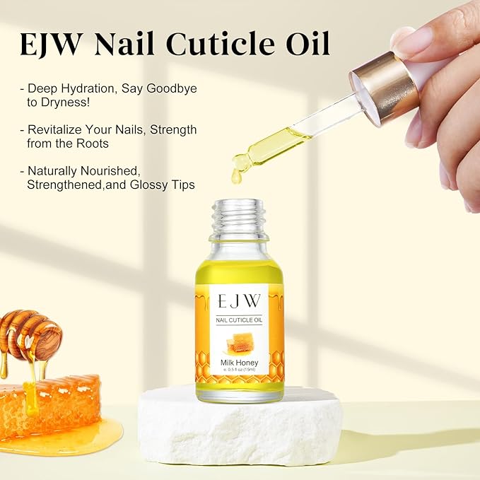 EJW Cuticle Oil for Nails, 1 Week Multi-Functional Care for Hands and Feet, Moisturizes & Strengthens Nails, Improves Hangnails & Dry Skin, Contains Jojoba Oil, Natural Ingredients, Milk and Honey