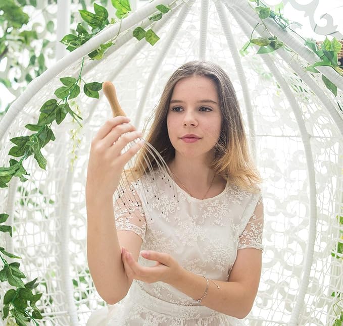 USAGA 28 Finger Head Scratcher, Head Massager, Scalp Massager for Scalp Body Relaxing Wood Handle (1 Pack)