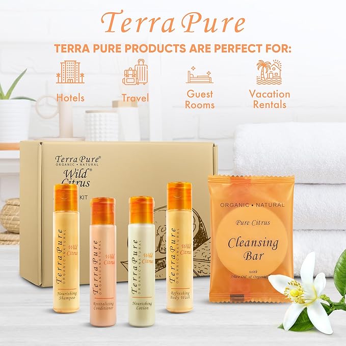 Terra Pure Amenity Kit | Boxed Hotel Toiletries Bulk Set | 1 oz Shampoo, Conditioner, Lotion, Body Wash & Cleansing Bar | 15 Sets per Case