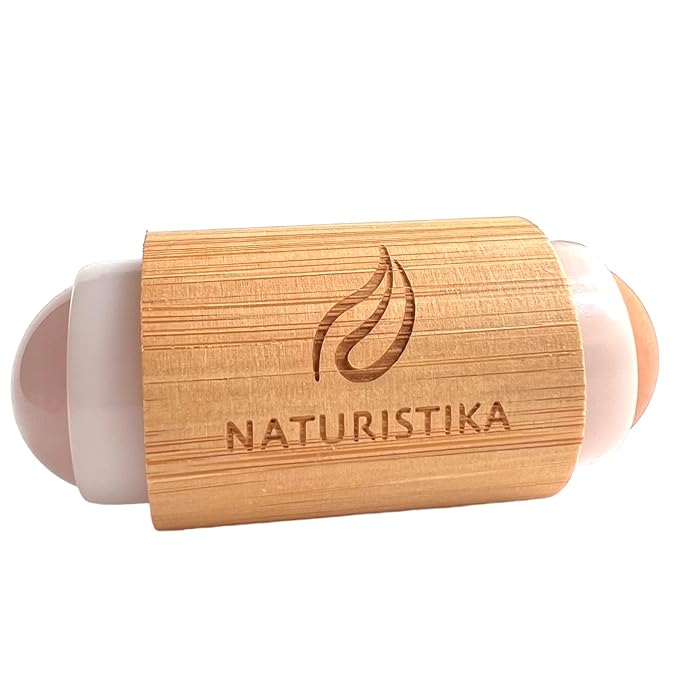 Double head Face Roller with Rose Quartz + Volcanic Stone. Bamboo Face Roller Oil Absorbing Roller with Natural Quartz Face Eye Roller Massager. 1 count.