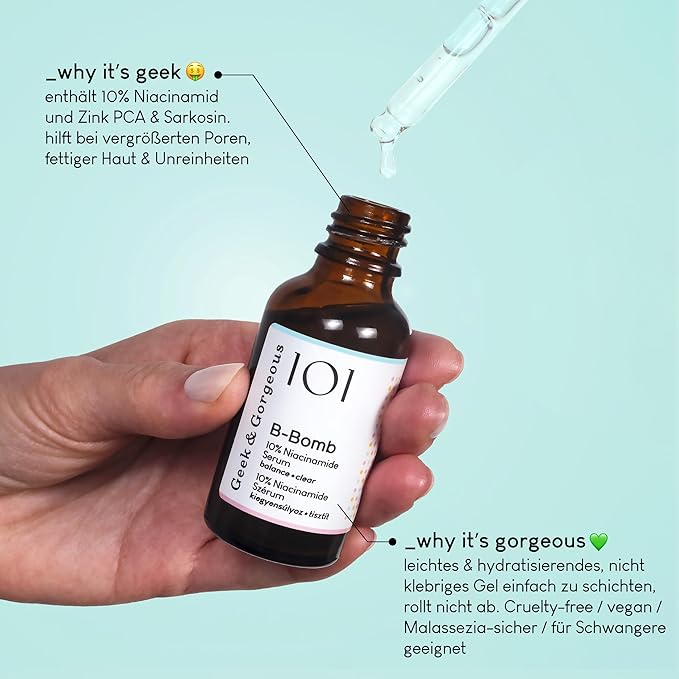 Geek & Gorgeous - B-Bomb - 10% Niacinamide Serum, Zinc PCA & Sarcosine, helps enlarged pores, oiliness and blemishes, combination skin, 1 oz