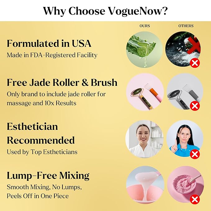 VogueNow Jelly Face Mask for Facials - 24K Gold Hydrating, Brightening & Nourishing Jelly Mask with Free Jade Roller & Spatula | Professional Hydrojelly Masks | Vajacial Jelly Mask Powder | 23 Oz Jar