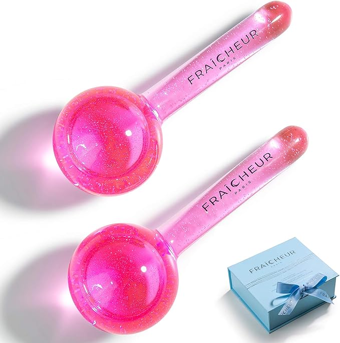 FRAÎCHEUR ICE Globes | Frozen Cryo Roller for Cold Facial Massage | Skincare Cooling Glass Massager with Anti-Freeze Liquid Inside | Reduce Puffiness, Pores (Pink with Glitters)